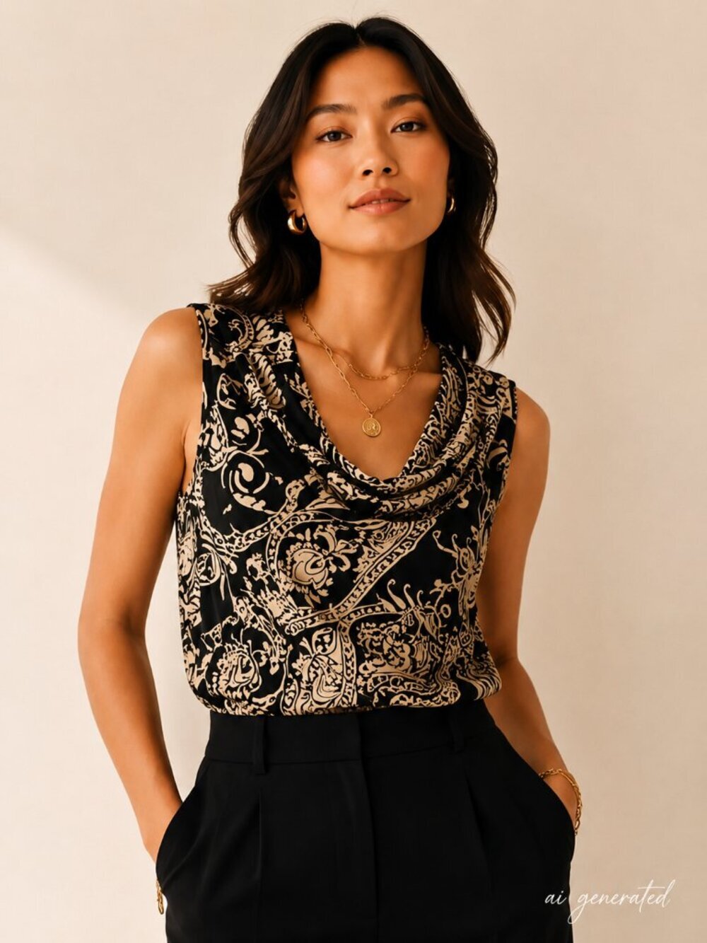 Fifteen Twenty Black Cream Paisley Cowl Neck Sleeveless Top Womens M